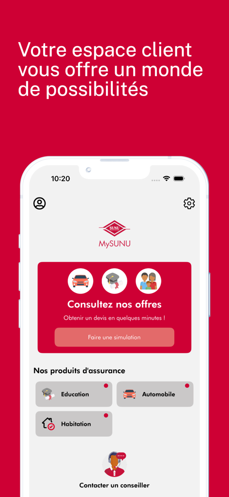 MySUNU Assurances - Tableau de bord de l'application mobile MySUNU Assurances affichant les produits d'assurance pour l'éducation, la voiture et l'habitation.