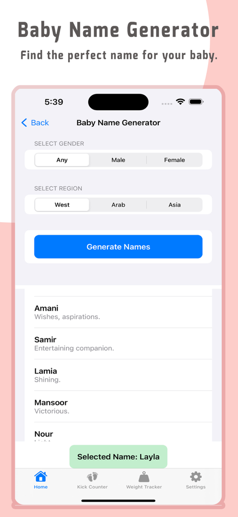 DueDate:Pregnancy week by week - Pantalla del generador de nombres de bebés con filtros de género y región que muestran nombres y sus significados