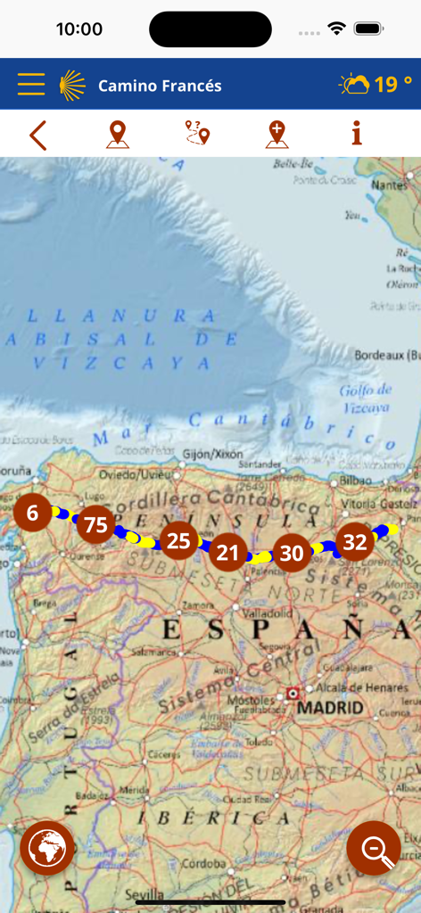Caminos de Santiago - Visualizzazione della mappa del percorso del Cammino Francese in Spagna con tappe numerate