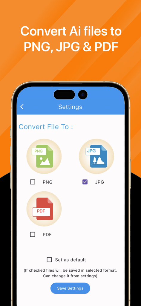 Ai File Converter - Ai File Converter settings screen showing options to convert files to PNG JPG and PDF formats