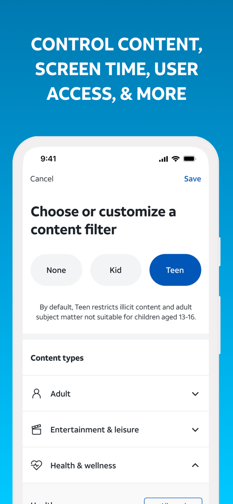 AT&T Smart Home Manager app interface for customizing content filters and parental controls