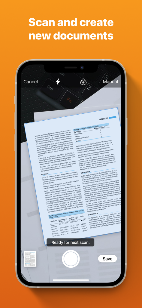 Veeva Vault - Interfaccia dell'app mobile Veeva Vault che scansiona un documento di ricerca clinica cardiologica