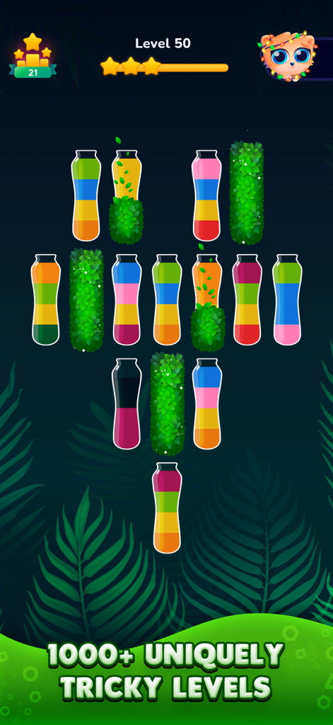 Water Sort Puzzle: Get Color - Water sort puzzle game level with colored liquids in flasks and leafy obstacles.