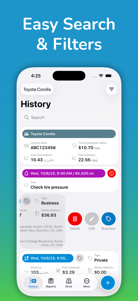 Motolog Mileage Tracker - Motolog app history screen displaying trip logs with business and private tags and vehicle maintenance alerts