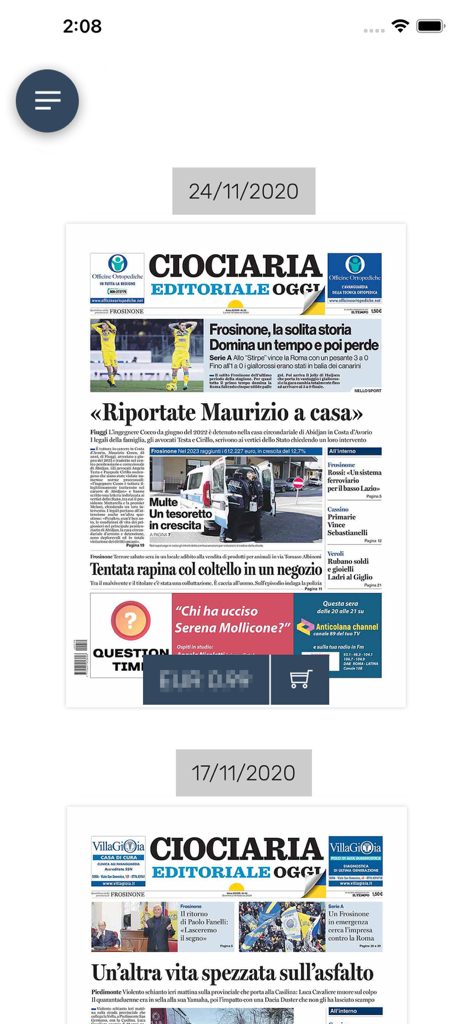 Interfaz del archivo digital de la aplicación Ciociaria Oggi que muestra ediciones pasadas del periódico para su compra.