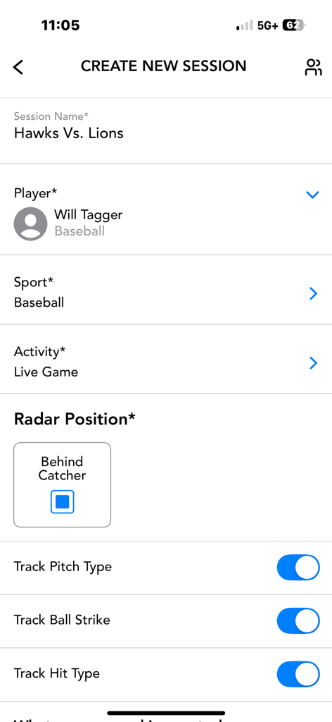 TAG Sports - App interface for setting up a new baseball session and radar tracking