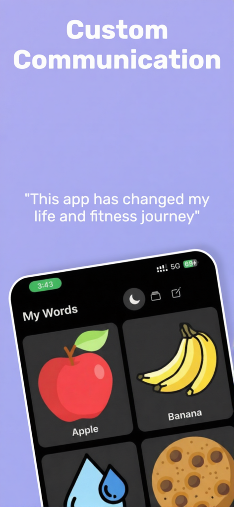 Interfaz de la aplicación Talking Tiles AAC que muestra casillas de comunicación personalizadas para manzana y plátano en una pantalla móvil.