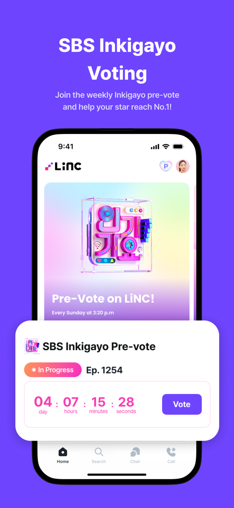 LiNC(링크) - Screenshot of the LiNC app interface showing the SBS Inkigayo pre-vote screen with a countdown timer and voting button.
