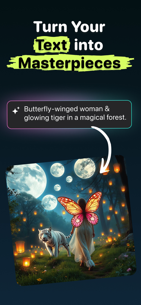 Interface d'une application IA montrant un prompt textuel en cours de conversion en une image fantastique d'une femme avec des ailes de papillon et un tigre
