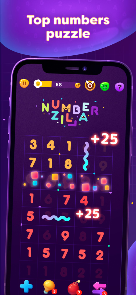 Numberzilla: Number Match Game - Numberzillaアプリのゲームプレイ画面。カラフルな数字を使った論理パズルが暗いグリッドに表示されています。