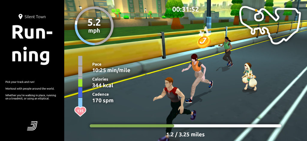Jacfit - Jacfit app screen showing avatars running in a virtual environment with real-time fitness metrics like speed and heart rate