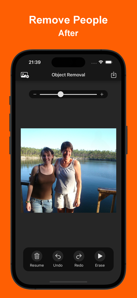 Inpaint app interface on an iPhone showing the remove people tool with a photo of two women by a lake.