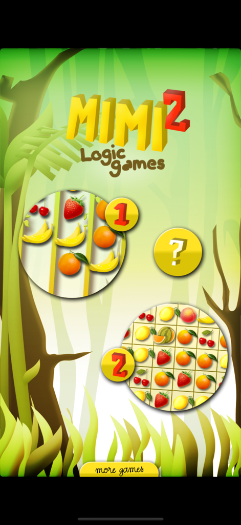 Mimi 2: Logic games - Pantalla de inicio de la aplicación Mimi 2 Juegos de Lógica con iconos de rompecabezas de emparejamiento de frutas para niños
