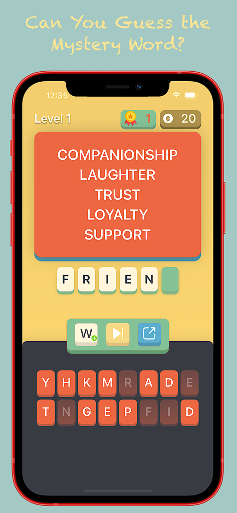 Spell Game+ - Spell Game Plus App-Oberfläche, die ein Worträtsel-Level mit Hinweisen zum Erraten eines mysteriösen Wortes anzeigt.
