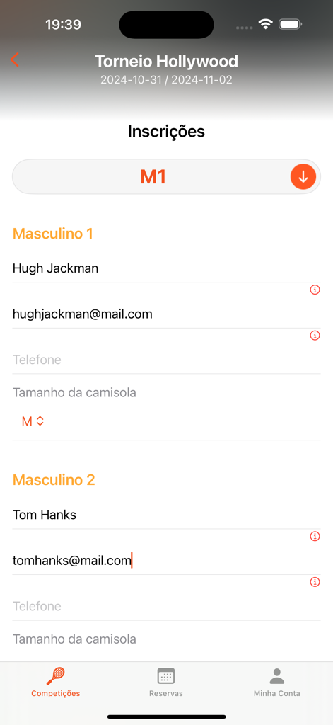 PadelTeams - Registration screen for a padel tournament in the PadelTeams app showing player details