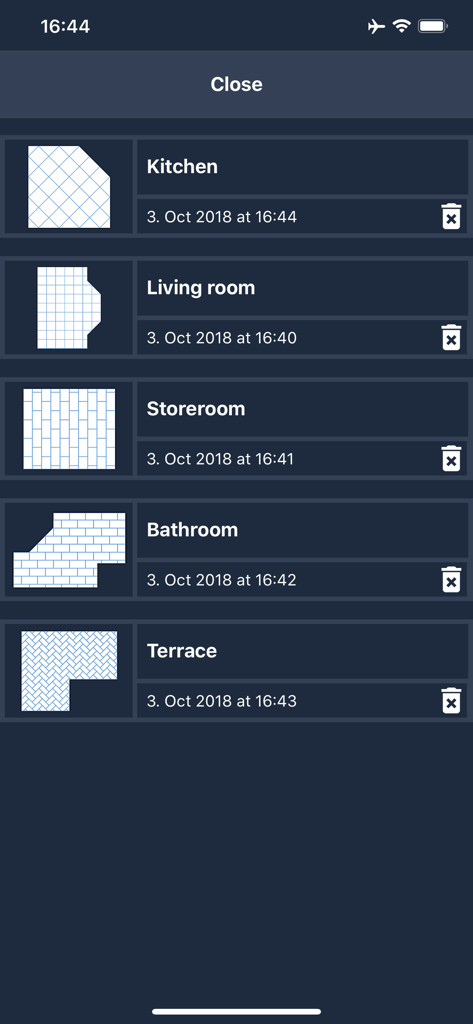 A list of saved tiling layout projects for the kitchen living room and bathroom within the app
