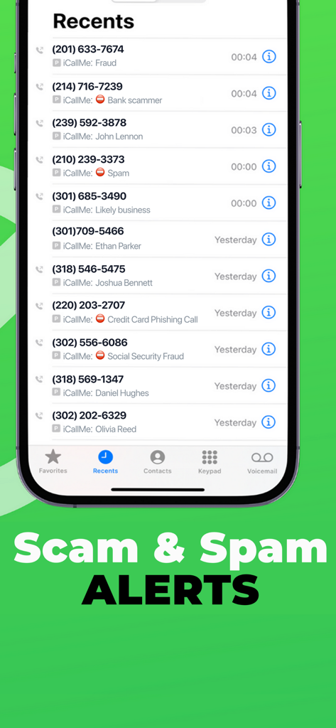 iCallme - Caller ID Lookup - iPhone screenshot of iCallme app showing a recent call list identifying fraud and scam callers
