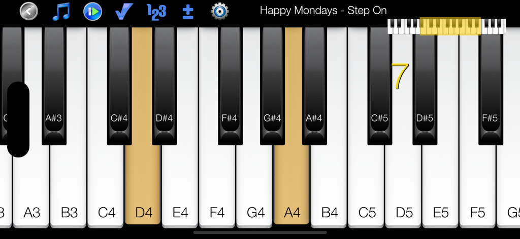 Teclado de piano virtual com teclas destacadas e rótulos de notas no aplicativo Piano Melody Pro.