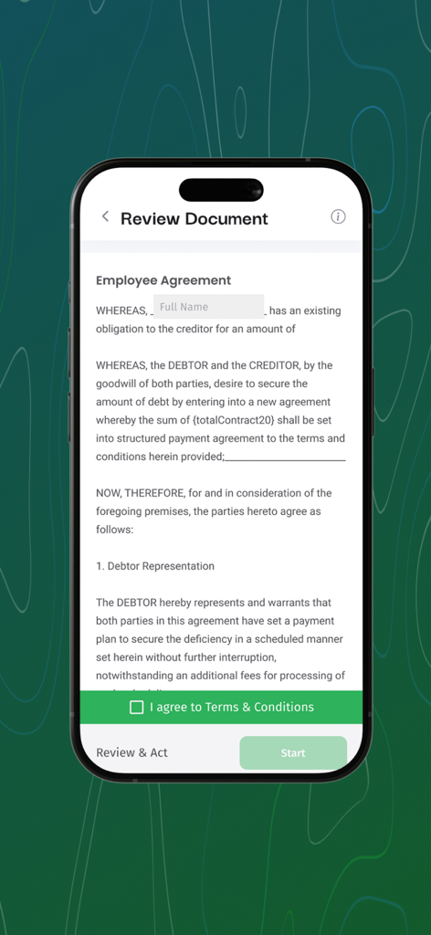 TeleSign - TeleSign app screen showing a digital employee agreement document for review and signature