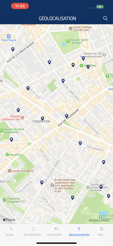 Écran de l'application MyIPECA montrant une carte avec les emplacements des professionnels de santé