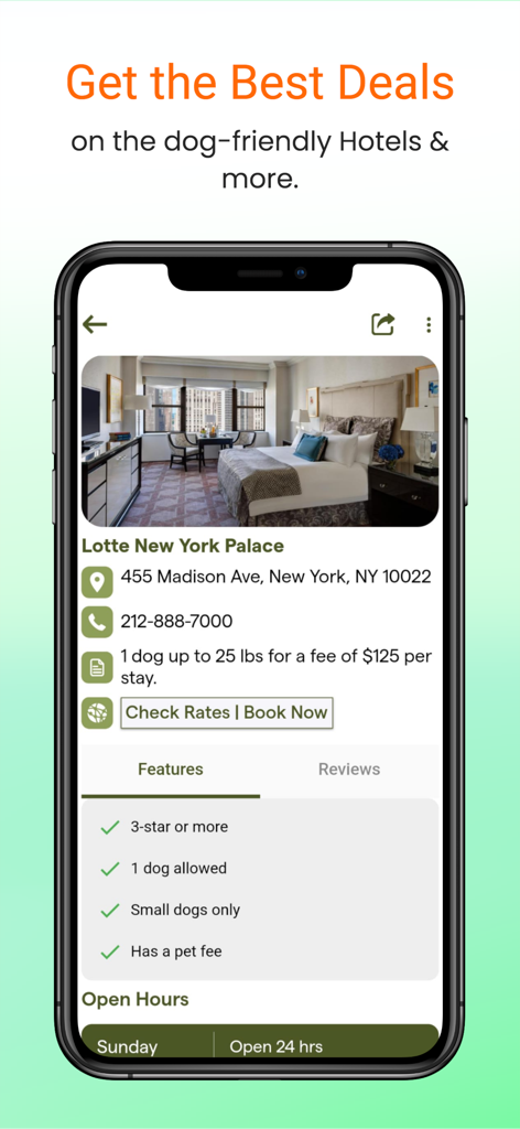 Wag Buddy - Bring Fido Along! - Screenshot of the Wag Buddy app showing details for a dog-friendly hotel including pet policies and booking options.