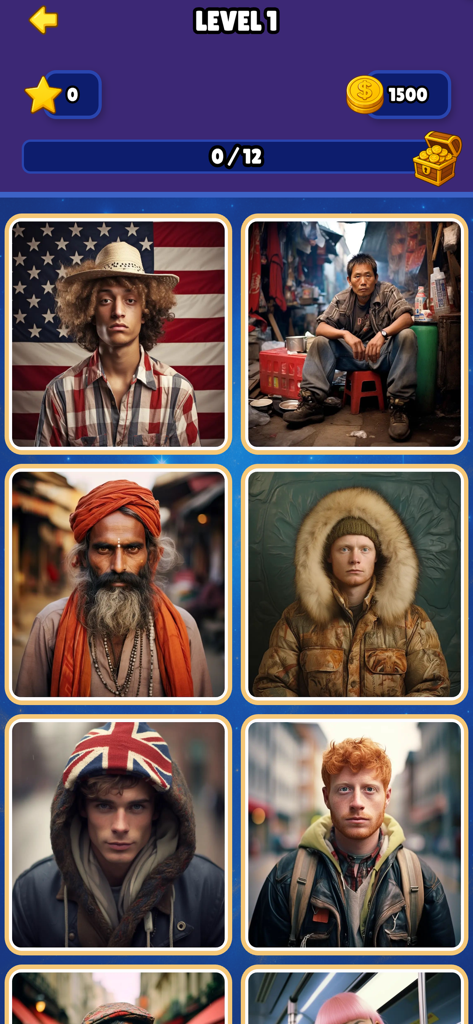 Quiz: What Country Am I From? - Game screen showing Level 1 of the What Country Am I From quiz with a grid of diverse portraits of people from different cultures