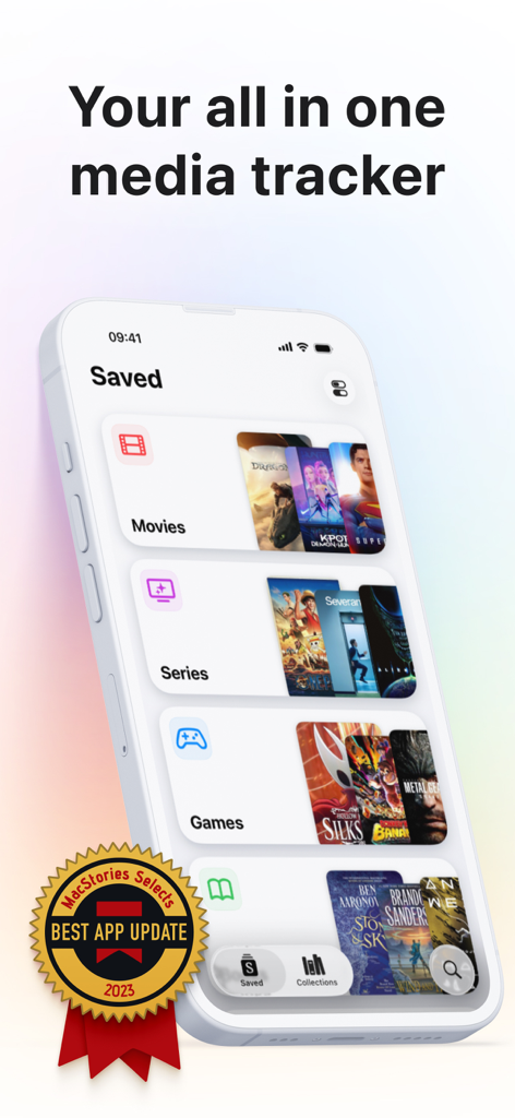 Sequel app interface showing saved movies series and games with a MacStories award badge