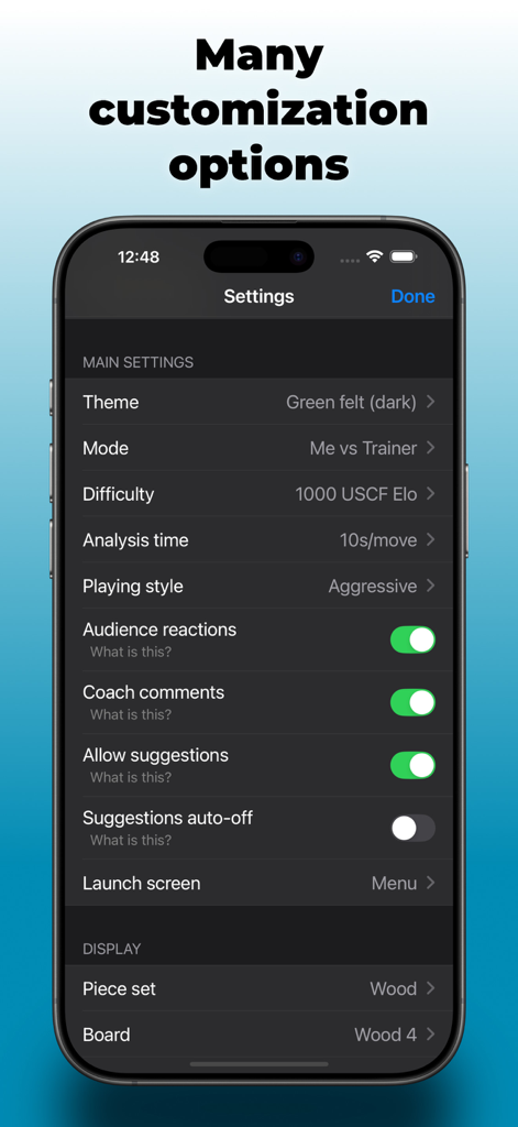 Chess Tiger Lite - Pantalla de configuración de la aplicación Chess Tiger Lite que muestra opciones de personalización para niveles de dificultad, temas y coaching.