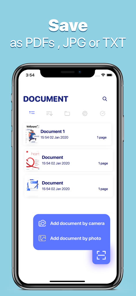 Camera Scanner: Clear Scan App - Mobile app interface showing document management and options to save as PDF JPG or TXT