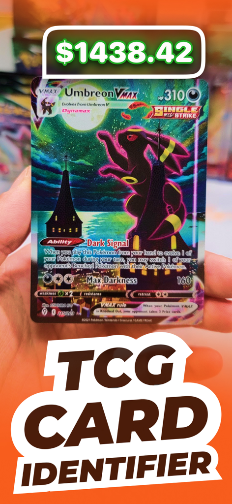 Acorn TCG Card Value Scanner - A hand holding a rare Umbreon VMAX card showing a market value of 1438 dollars