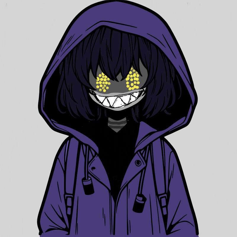 little anime girl in a raincoat her hair is covering her eyes she has a lighter