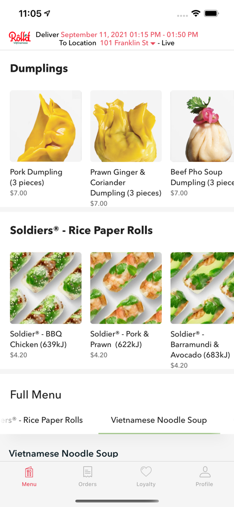 Roll’d Vietnamese - Menú de la aplicación móvil Roll'd Vietnamese que muestra dumplings y rollos de papel de arroz con imágenes y precios