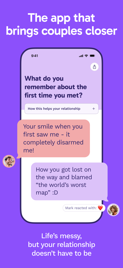 Paired app interface showing a couple answering a daily question about their first meeting to improve relationship connection
