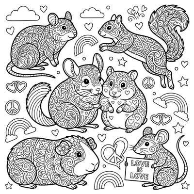 Dive into a world of creativity and celebration with our Zentangle Rodents Pride coloring page. This intricate design features adorable rodents adorned with beautiful Zentangle patterns, surrounded by symbols of love and diversity.