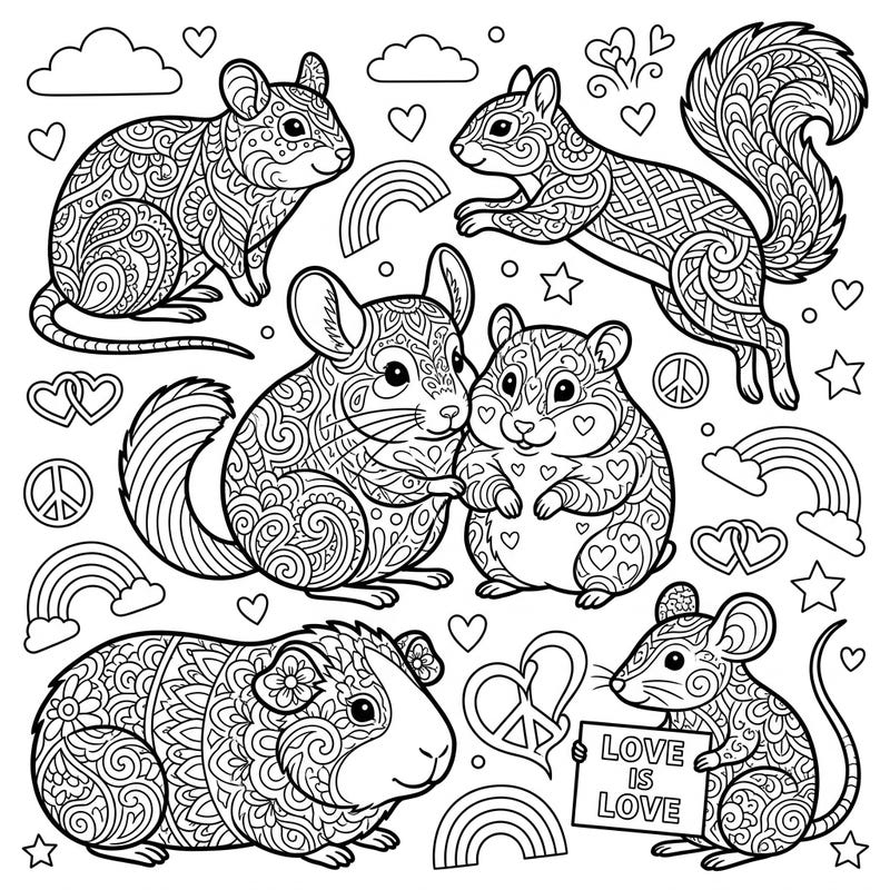 Dive into a world of creativity and celebration with our Zentangle Rodents Pride coloring page. This intricate design features adorable rodents adorned with beautiful Zentangle patterns, surrounded by symbols of love and diversity.