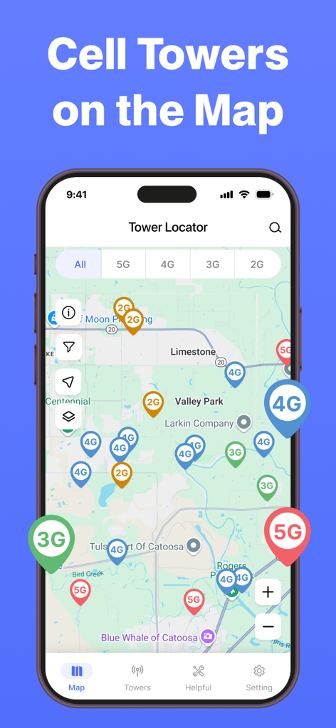 Map interface of Cellular Tower and Signal Finder app showing 5G 4G 3G and 2G tower locations