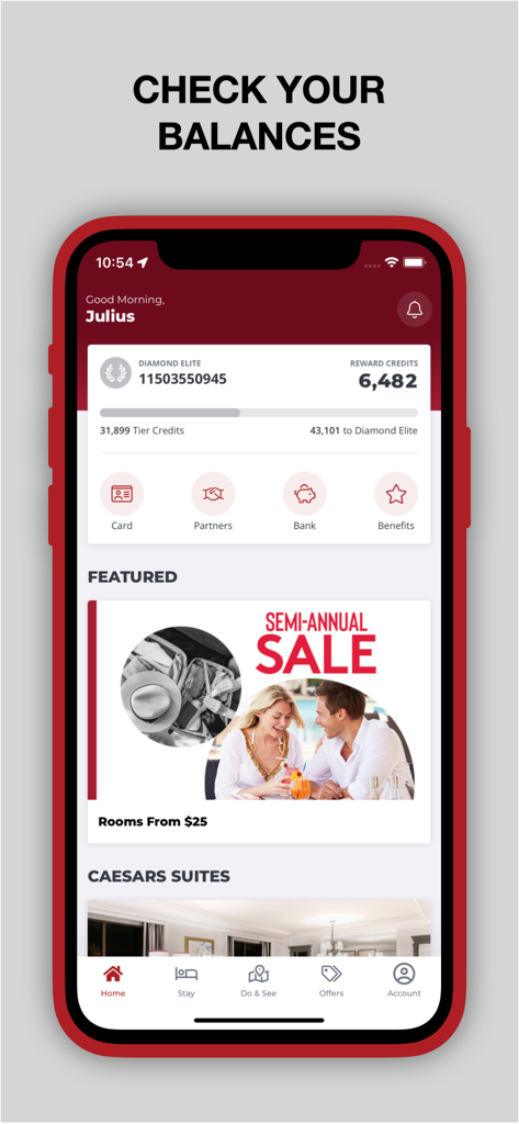 Caesars Rewards Resort Offers - Écran d'accueil de l'application mobile Caesars Rewards affichant le statut Diamond Elite, le solde des crédits de récompense et les offres de chambres d'hôtel.