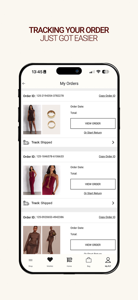 PrettyLittleThing mobile app interface showing order history and tracking status for recent fashion purchases