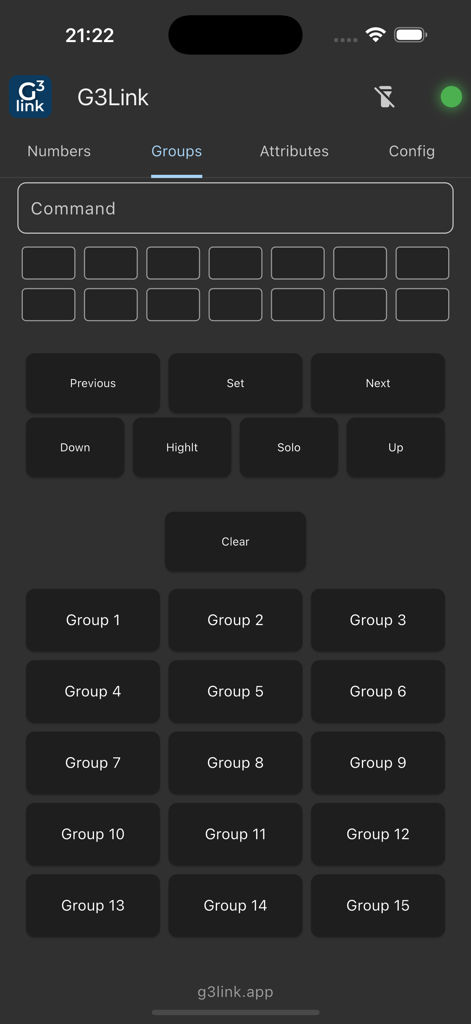 grandMA3 Remote (G3Link) - grandMA3 조명 콘솔을 위한 그룹 제어 페이지를 보여주는 G3Link 모바일 앱 인터페이스.