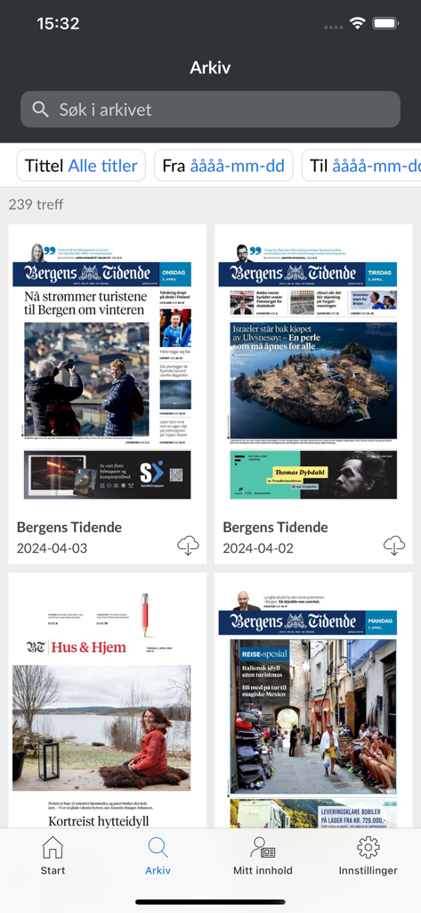 BT e-avis - BT e-avis 앱 아카이브 화면, 베르겐스 티덴데의 역사적인 신문 에디션 표시, 검색 및 날짜 필터 포함