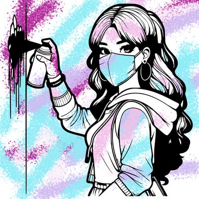 realistic girl with mask spray painting a wall