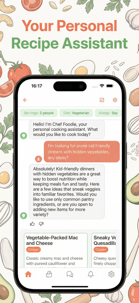 Interfaz de chat del asistente Chef Foodie AI recomendando recetas de cena aptas para niños con verduras ocultas