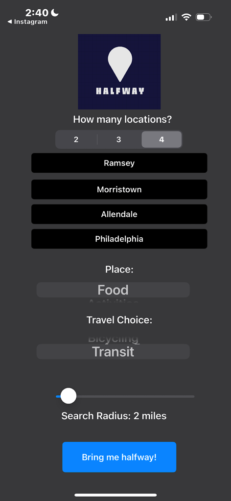Halfway Finder - Halfway Finder app screen showing the selection of four meeting locations with filters for food category and transit travel mode
