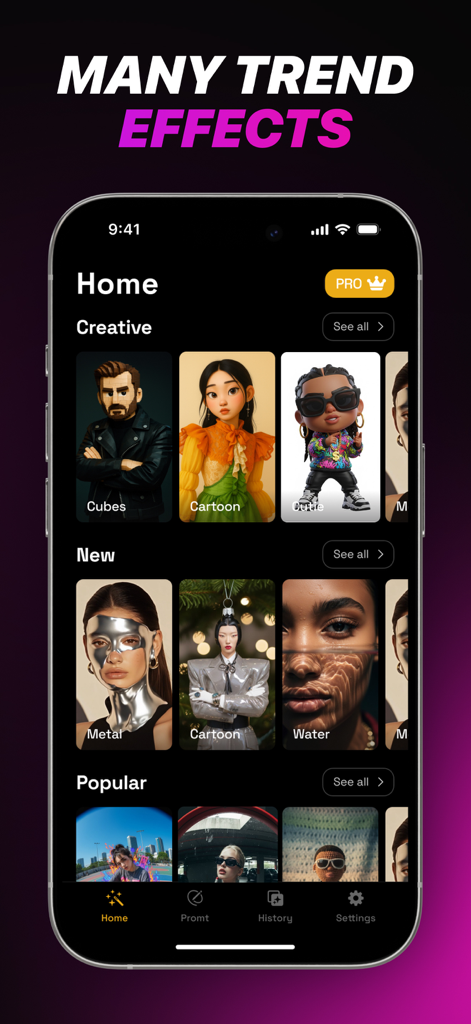 PixVerse AI - Video Generator - Der Startbildschirm der PixVerse AI-App, der eine Galerie mit angesagten künstlerischen Fotostilen und Effekten anzeigt