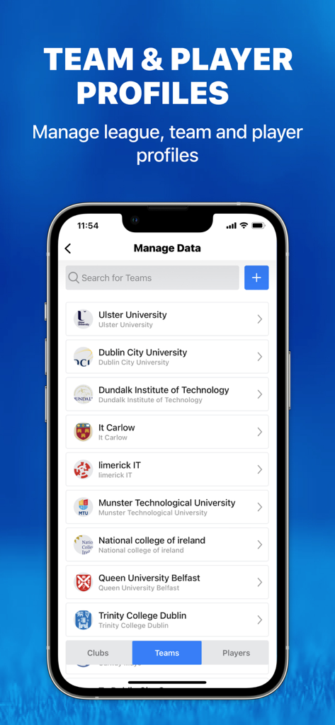 QS GAA - Mobile interface for managing league team and player profiles in the QS GAA app