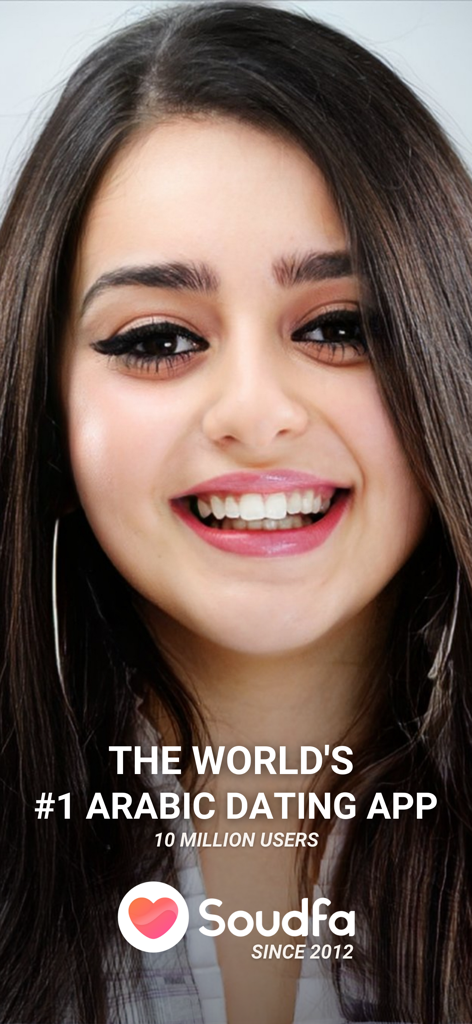 Welcome screen of Soudfa Arabic dating app with a smiling woman and text stating it is the worlds number one Arabic dating app