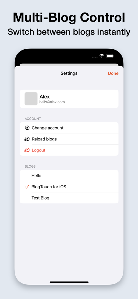 BlogTouch for Blogger - Tela do aplicativo BlogTouch para alternar entre múltiplos blogs e contas