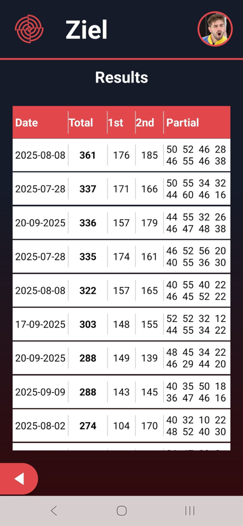 Ziel App - A detailed table of Eisstocksport match results showing dates total scores and partial points in the Ziel App