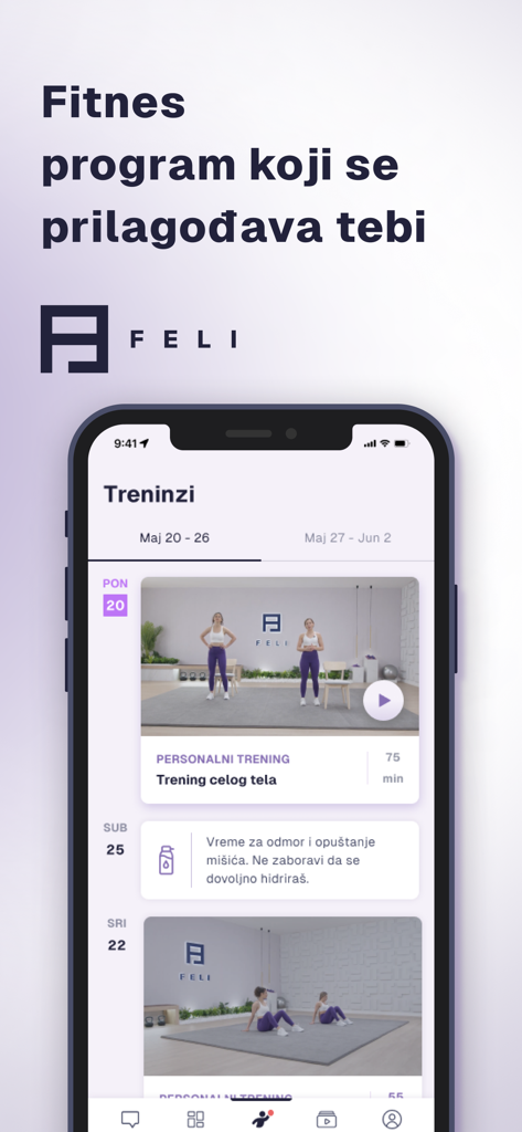 Capture d'écran de l'interface de l'application Feli montrant un calendrier d'entraînement personnalisé et des séances d'entraînement vidéo pour femmes.