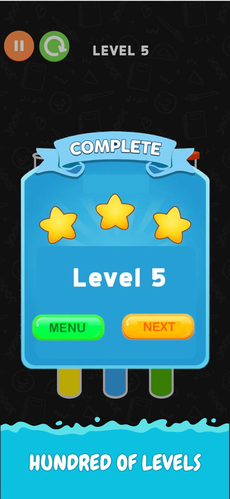 Bottle Sort: color magic sort - Pantalla de finalización de nivel de Bottle Sort que muestra tres estrellas y el progreso del nivel cinco